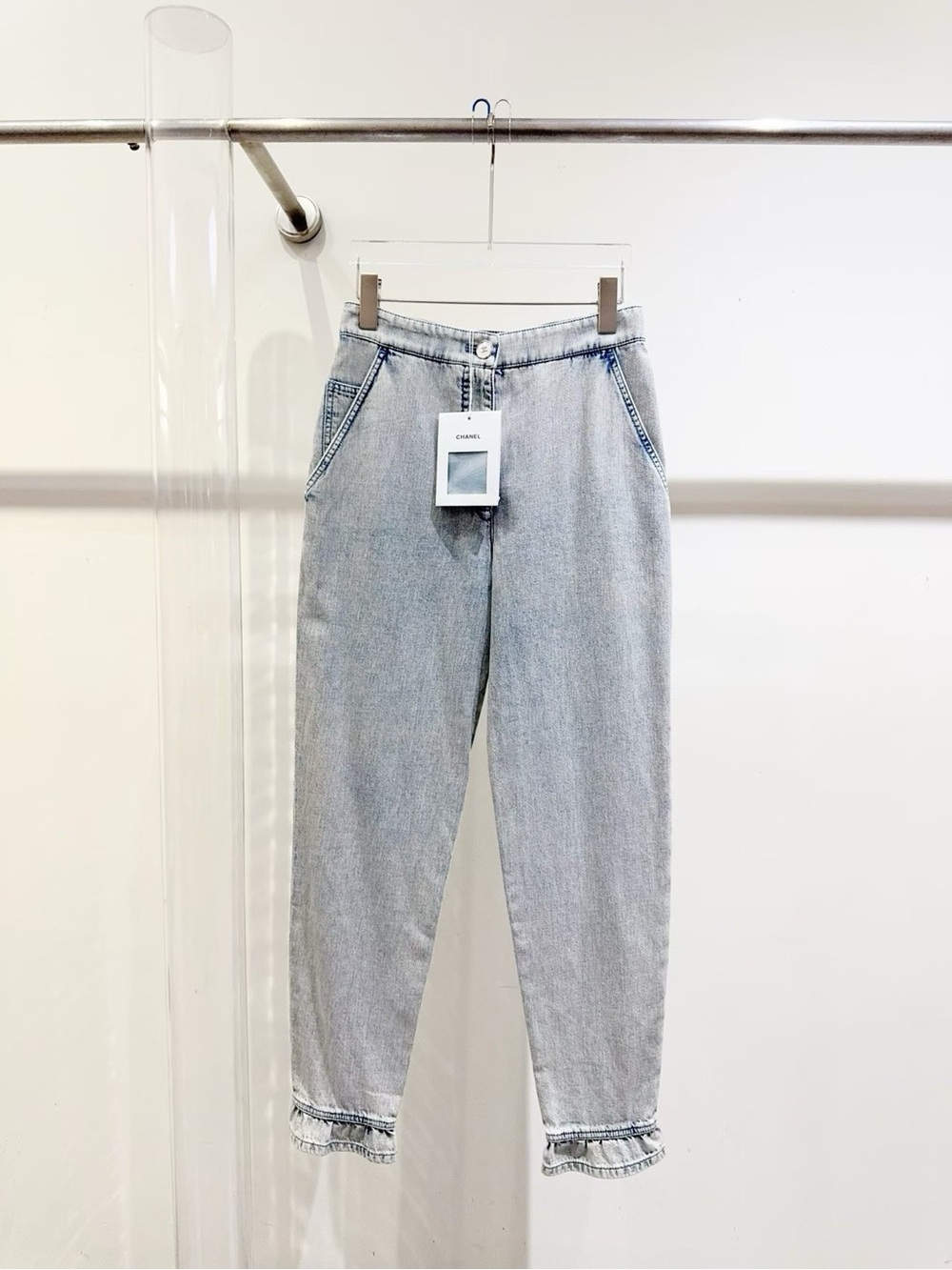 CHANEL Light Blue Boyfriend Jeans with Gathered Hem